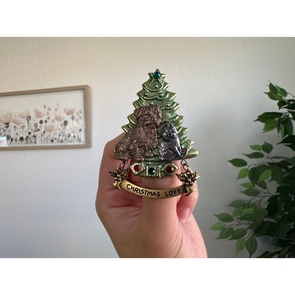 Vintage Christmas Tree Brooch Dog Cat Rhinestone Dangle Christmas Love Pin
